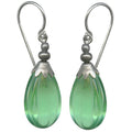 Peridot green German glass drop earrings with seedpod design from Owen Glass Collection, featuring intricate glass craftsmanship.