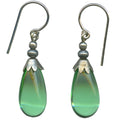 Peridot green German glass and silver drop earrings from Owen Glass Collection with silver accents and elegant design.