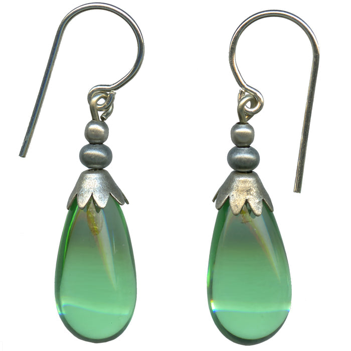 Peridot green German glass and silver drop earrings from Owen Glass Collection with silver accents and elegant design.