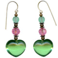Peridot heart dangle earrings from Owen Glass Collection featuring vibrant green gemstone and elegant silver hooks.
