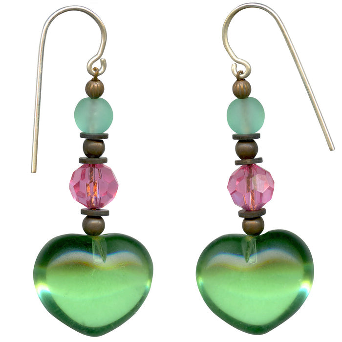 Peridot heart dangle earrings from Owen Glass Collection featuring vibrant green gemstone and elegant silver hooks.