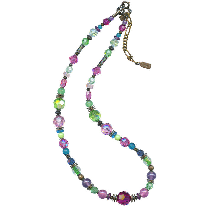Peridot, pink crystal, and Czech glass beaded 16-inch necklace from Owen Glass Collection with a delicate, colorful design.