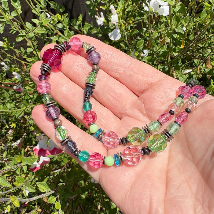 Peridot and pink crystal beaded necklace with Czech glass beads from Owen Glass Collection, 16-inch length.