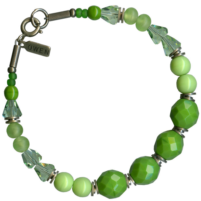 Peridot tones Czech glass and crystal beaded bracelet from Owen Glass Collection, featuring vibrant green and sparkling accents.