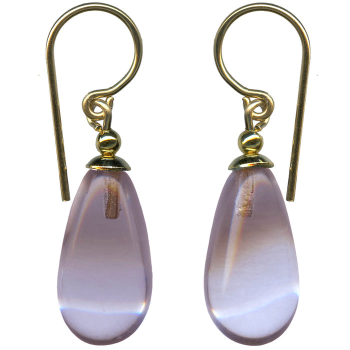 Periwinkle German glass and gold dangle earrings from Owen Glass Collection with bright, shiny design and elegant dangling style.