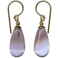 Periwinkle German glass and gold dangle earrings from Owen Glass Collection with bright, shiny design and elegant dangling style.