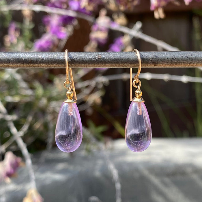 Periwinkle German glass and gold dangle earrings from Owen Glass Collection with bright, colorful design and elegant gold accents.