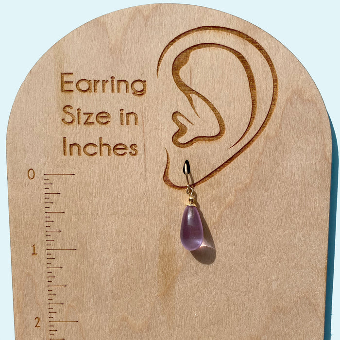 Periwinkle German glass and gold dangle earrings from Owen Glass Collection with bright, colorful design.