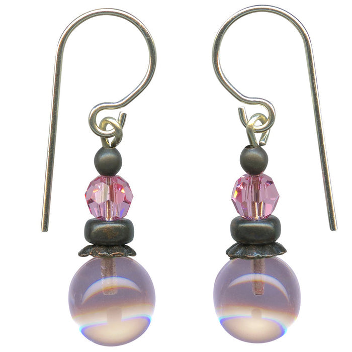 Periwinkle glass and pink Austrian crystal earrings from Owen Glass Collection featuring bubble-shaped design.