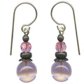 Periwinkle glass and pink Austrian crystal earrings from Owen Glass Collection featuring bubble-shaped design.