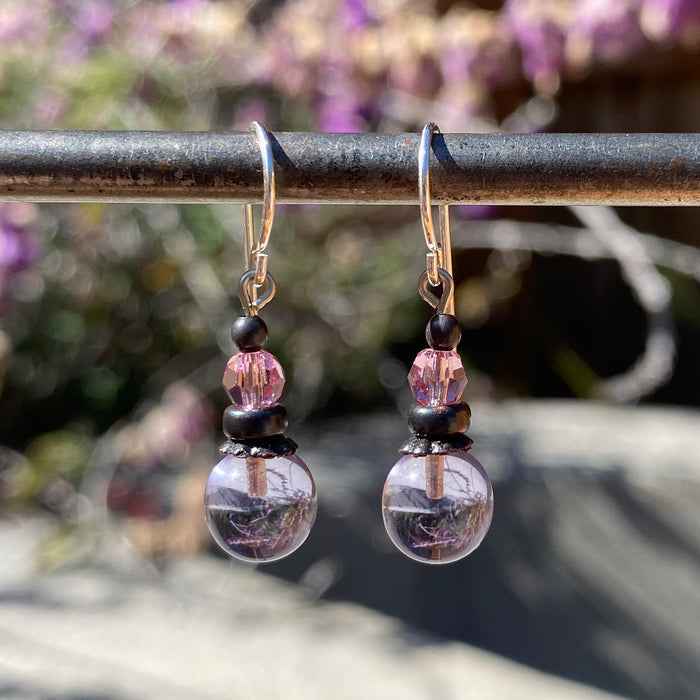 Periwinkle glass and pink Austrian crystal earrings from Owen Glass Collection with bubble-shaped design.