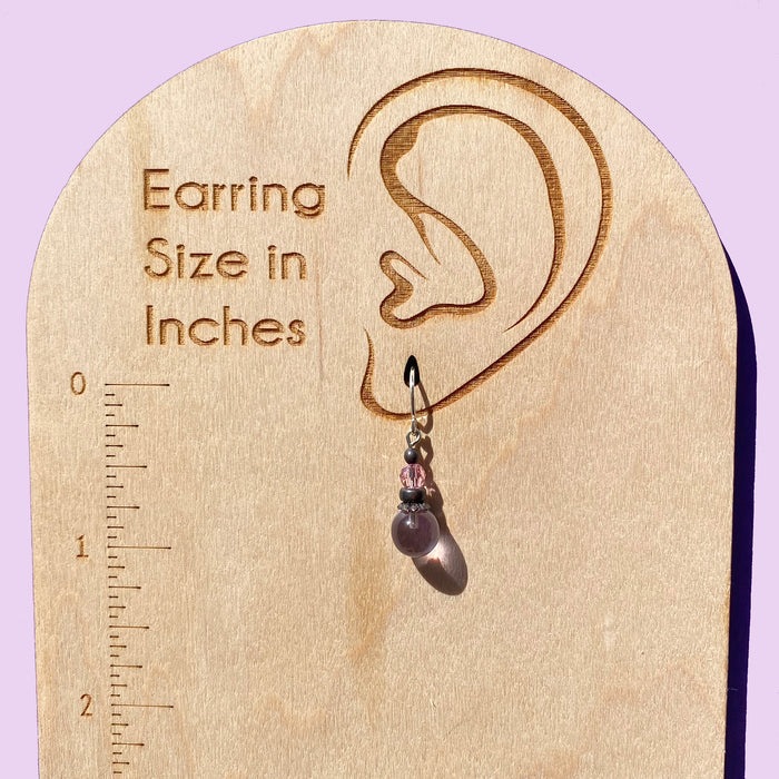 Periwinkle glass and pink Austrian crystal earrings from Owen Glass Collection featuring bubble-shaped design.