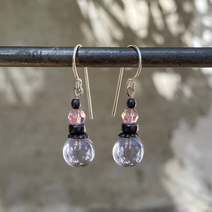 Periwinkle glass and pink Austrian crystal earrings from Owen Glass Collection featuring bubble-shaped design and sparkling accents.