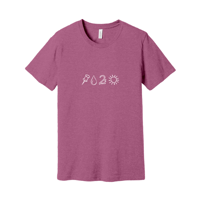 Magenta t-shirt with white icons pin release day graphic design