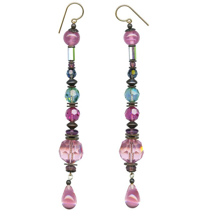 Pink antique Czech glass and Austrian crystal shoulder duster earrings from Owen Glass Collection featuring elegant, vintage-inspired design.