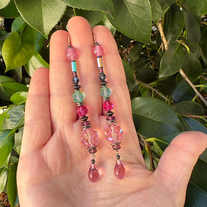 Pink antique Czech glass and Austrian crystal shoulder duster earrings from Owen Glass Collection, showcasing elegant vintage jewelry.