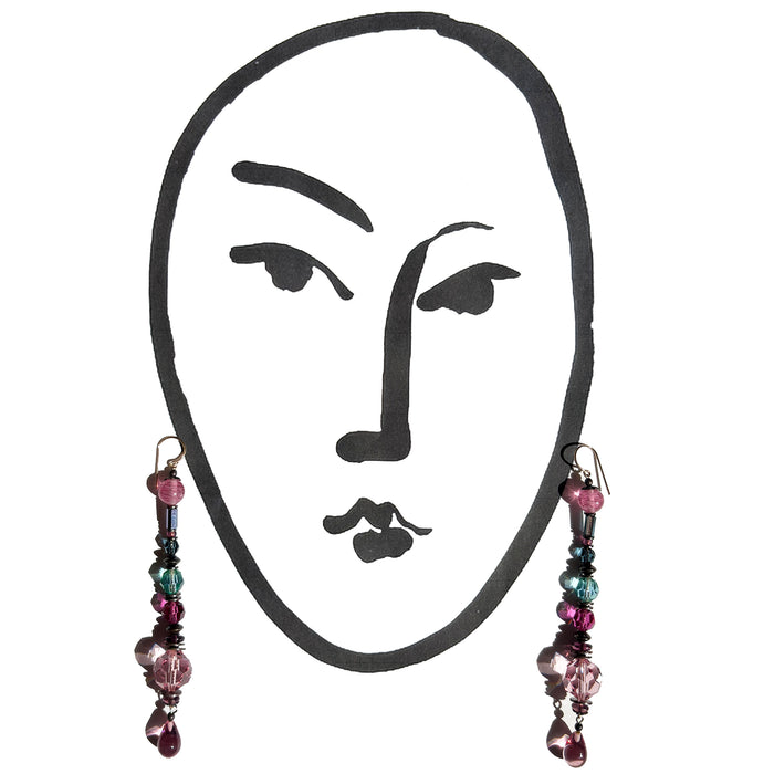 Pink antique Czech glass and Austrian crystal shoulder duster earrings from Owen Glass Collection, featuring elegant vintage-style jewelry