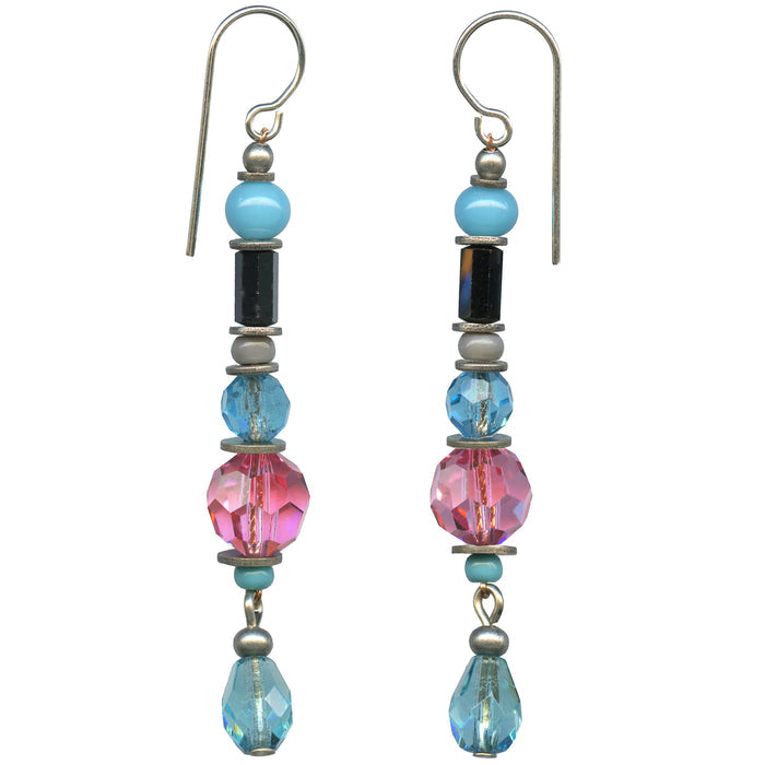 Pink crystal and aquamarine Czech glass dangle earrings with silver hooks from Owen Glass Collection, featuring elegant, colorful gemstone design.