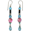 Pink crystal and aquamarine Czech glass dangle earrings with silver hooks from Owen Glass Collection, featuring elegant, colorful gemstone design.