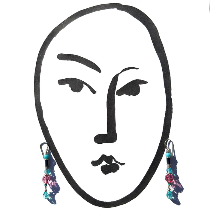 Pink crystal and aquamarine Czech glass dangle earrings with silver hooks from Owen Glass Collection, featuring elegant Miami Nouveau design.