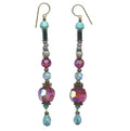 Pink, fuchsia, and turquoise crystal chandelier earrings from Owen Glass Collection featuring a shoulder duster style.
