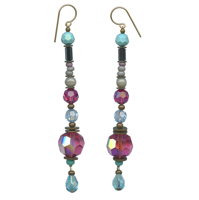 Pink, fuchsia, and turquoise crystal chandelier earrings from Owen Glass Collection featuring a shoulder duster style.