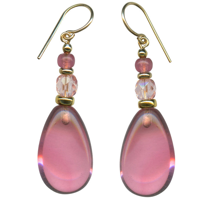 Owen Glass Collection pink glass and gold earrings with a sleek, modern design featuring elegant gold accents and vibrant pink glass.