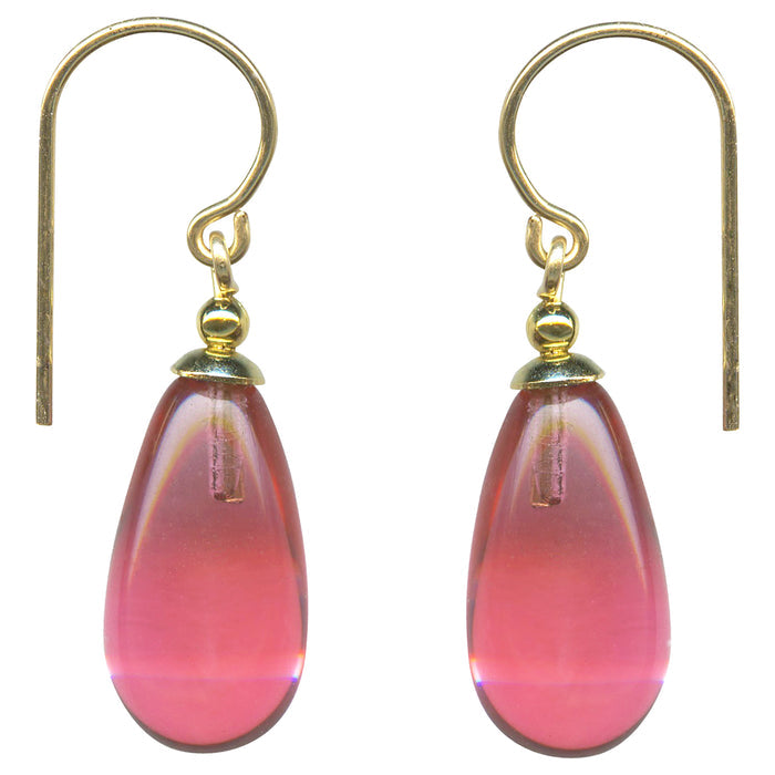 Pink German glass and gold dangle earrings from Owen Glass Collection featuring vibrant, handcrafted jewelry with elegant design.