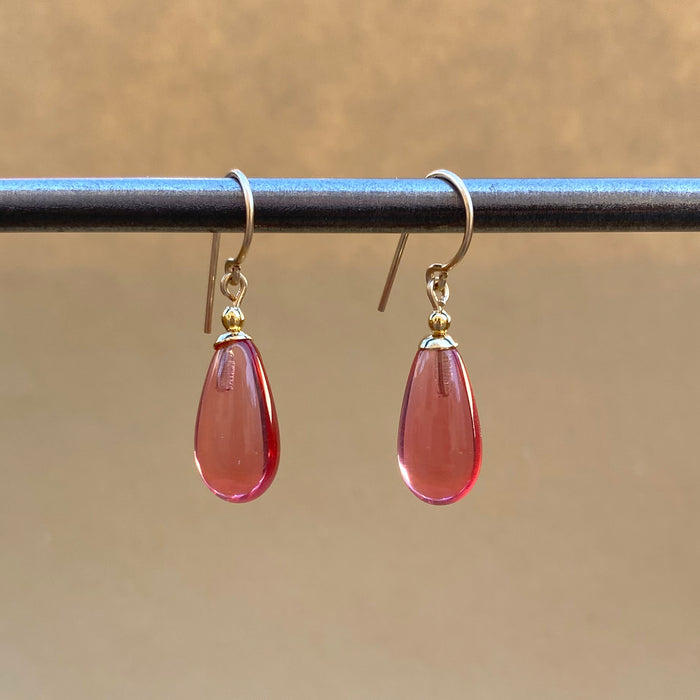 Pink German glass and gold dangle earrings from Owen Glass Collection, featuring vibrant, elegant jewelry design.