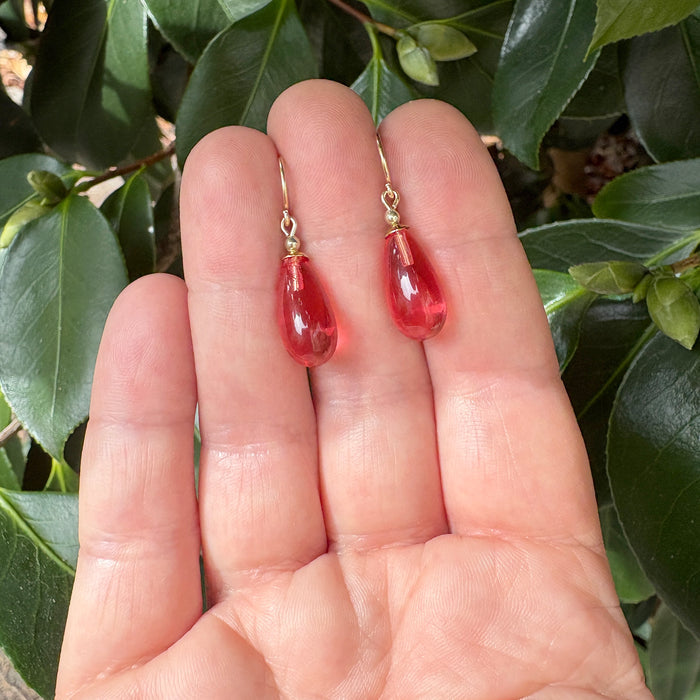 Pink German glass and gold dangle earrings from Owen Glass Collection, featuring vibrant, handcrafted jewelry design.