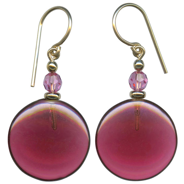 Pink Glass, Gold & Crystal Dangle Earrings "Windows 27"
