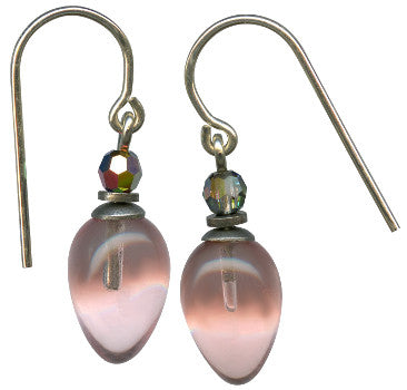 Pink glass and iridescent crystal dangle earrings with plum-shaped design from Owen Glass Collection.