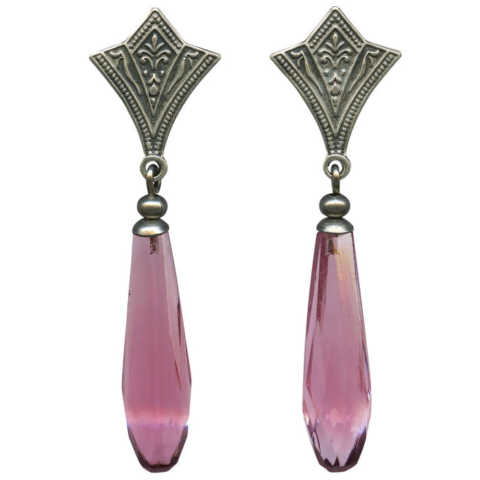 Pink prism glass post earrings with intricate filigree design from Owen Glass Collection's Arcadia 32 series.
