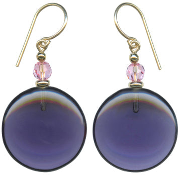 Purple glass, gold, and pink crystal earrings from Owen Glass Collection featuring a window-inspired design.