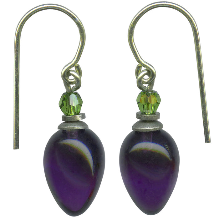 Purple and green German glass drop earrings featuring plum design from Owen Glass Collection, showcasing vibrant, handcrafted jewelry.