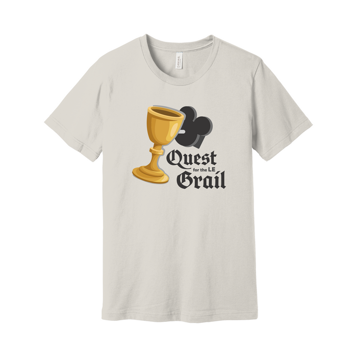 Beige t-shirt with a gold goblet and black pin back design