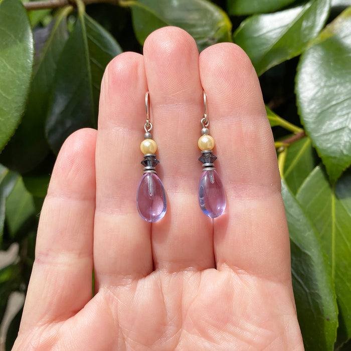 Light amethyst glass drop earrings from Owen Glass Collection featuring elegant raindrop-shaped design.