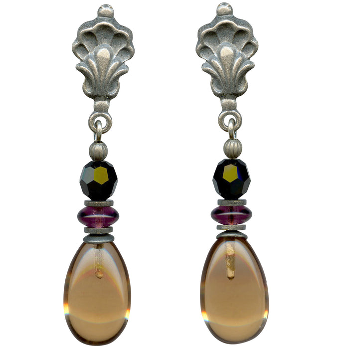 Owen Glass Collection Raindrops 102 Smoke Topaz Glass and Czech Glass Post Earrings showing teardrop-shaped stones and delicate metal posts