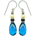 Turquoise, jet, and pearl glass drop earrings from Owen Glass Collection featuring raindrop design.