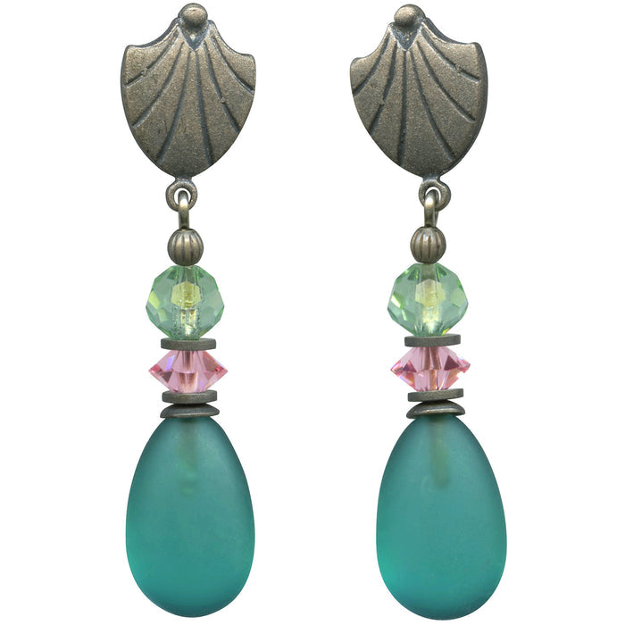 Frosted teal glass and pink crystal post earrings from Owen Glass Collection with raindrop design, on a plain background.