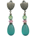 Frosted teal glass and pink crystal post earrings from Owen Glass Collection with raindrop design, on a plain background.
