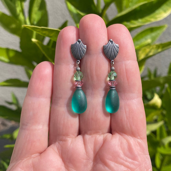 Frosted teal glass and pink crystal post earrings from Owen Glass Collection featuring raindrop design.