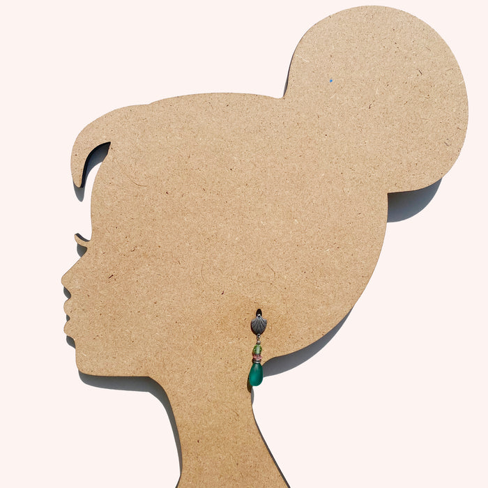 Frosted teal glass and pink crystal post earrings from Owen Glass Collection with elegant raindrop design.