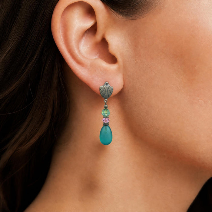 Frosted teal glass and pink crystal post earrings from Owen Glass Collection featuring raindrop design and elegant craftsmanship.