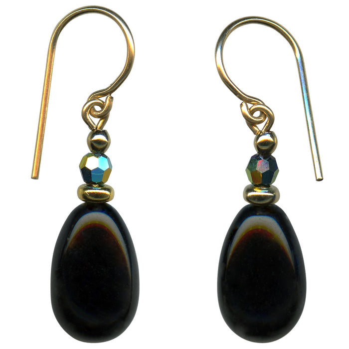 Owen Glass Collection Raindrops 118 jet glass, crystal, and gold earrings featuring elegant, dangling jewelry design.