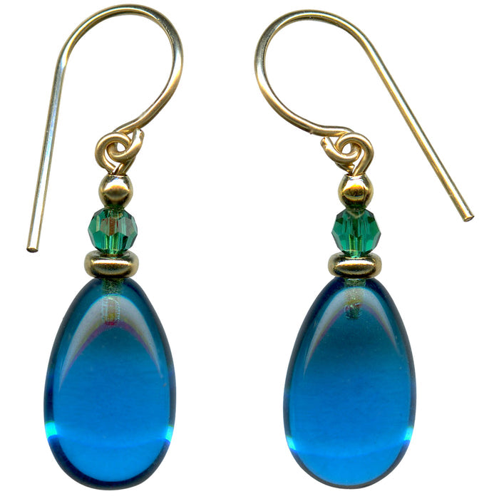 Turquoise glass and gold earrings from Owen Glass Collection, featuring raindrop design with elegant, shiny glass and gold accents.