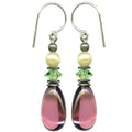 Pink and green glass and pearl earrings from Owen Glass Collection featuring raindrop design, 12 inches long.