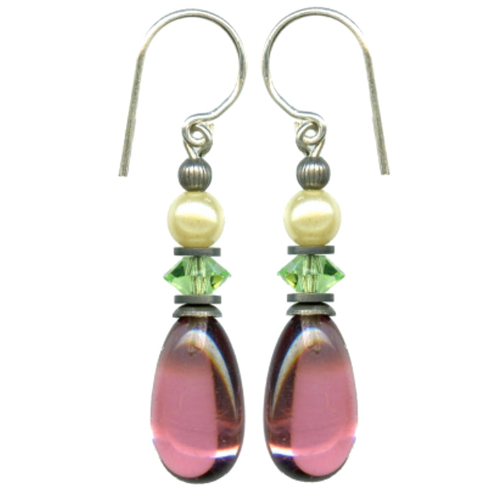 Pink and green glass and pearl earrings from Owen Glass Collection featuring raindrop design, 12 inches long.