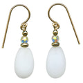 Frosted white glass, crystal, and gold earrings from Owen Glass Collection featuring raindrop design.