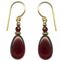 Owen Glass Collection Raindrops 124 Garnet glass, crystal, and gold earrings with teardrop design and intricate detailing.